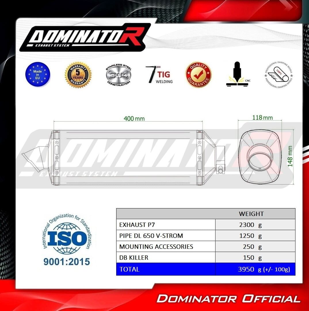 Pot d’echappement Suzuki DL 650 V-Strom 2017-2024 HP1 NOIR 35cm 48mm + dB killer medium